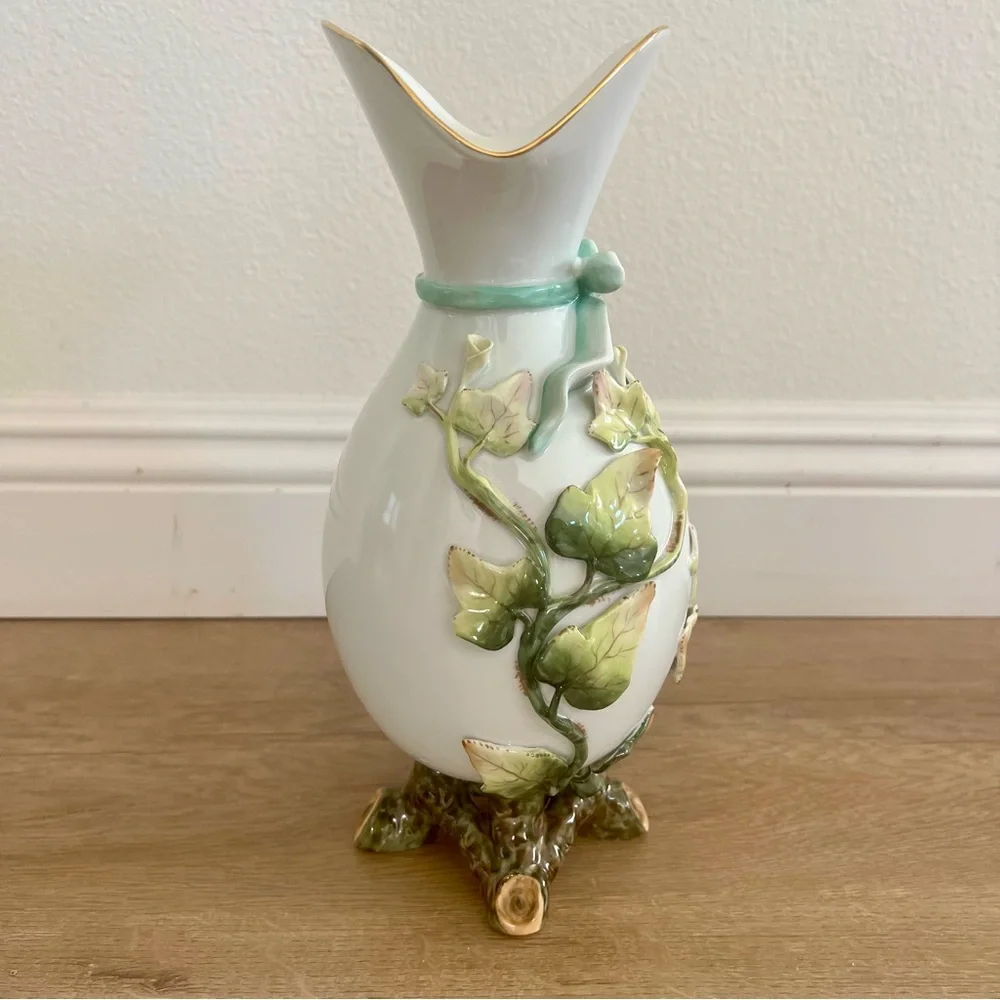 Vintage Vista Alegre Porcelain Vases V.A. Portugal Ivy And Blue Ribbon 12” AS IS
